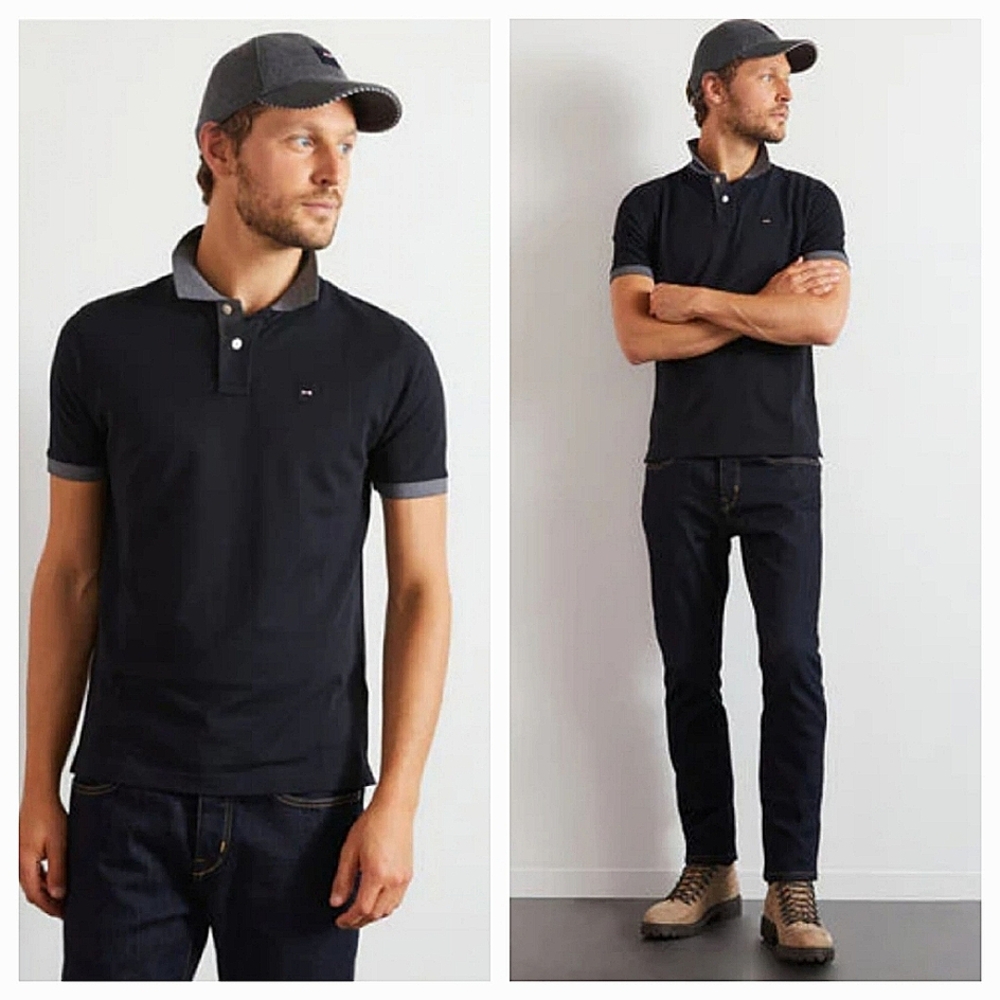 EDEN-PARK Black 100% Pima Cotton Polo Shirt Contrast Gray Collar XL